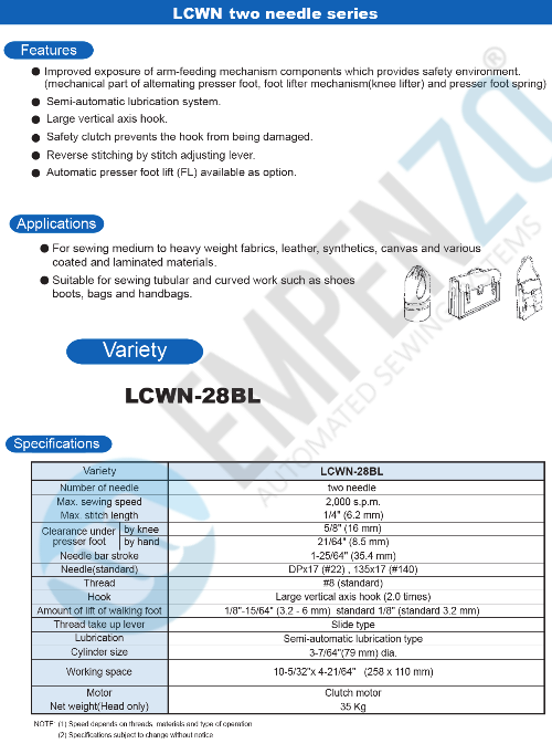 LCWN two needle series High speed, Cylinder bed, Large Vertical axis hook, Compound feed Compound feed and walking foot, Reverse stitch, Lockstitch machines. - Empenzo Automated Sewing Systems