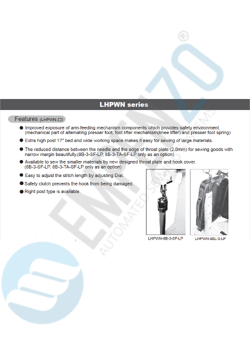 LHPWN series Single needle, High speed, Extra high post bed, Compound feed and walking foot, Reverse stitch, left post, Lockstitch machines. - Empenzo Automated Sewing Systems
